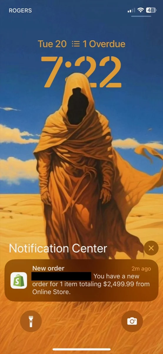 My first sale notification: $2,499.99 at 7:22 AM