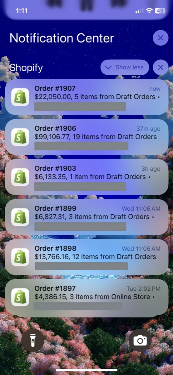 Two order notifications on one day: $99,106.77 and $22,050
