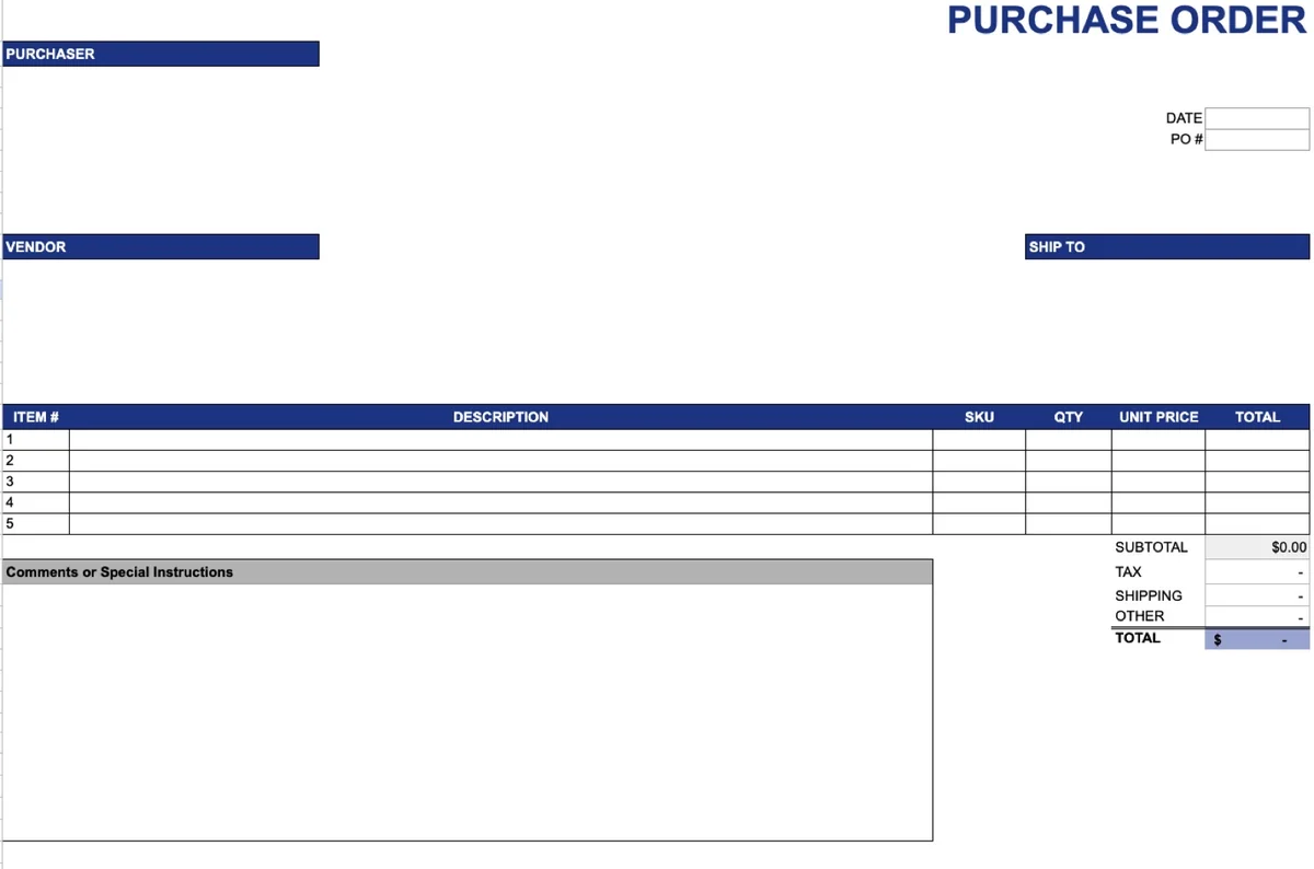 A simple purchase order sent to a manufacturer
